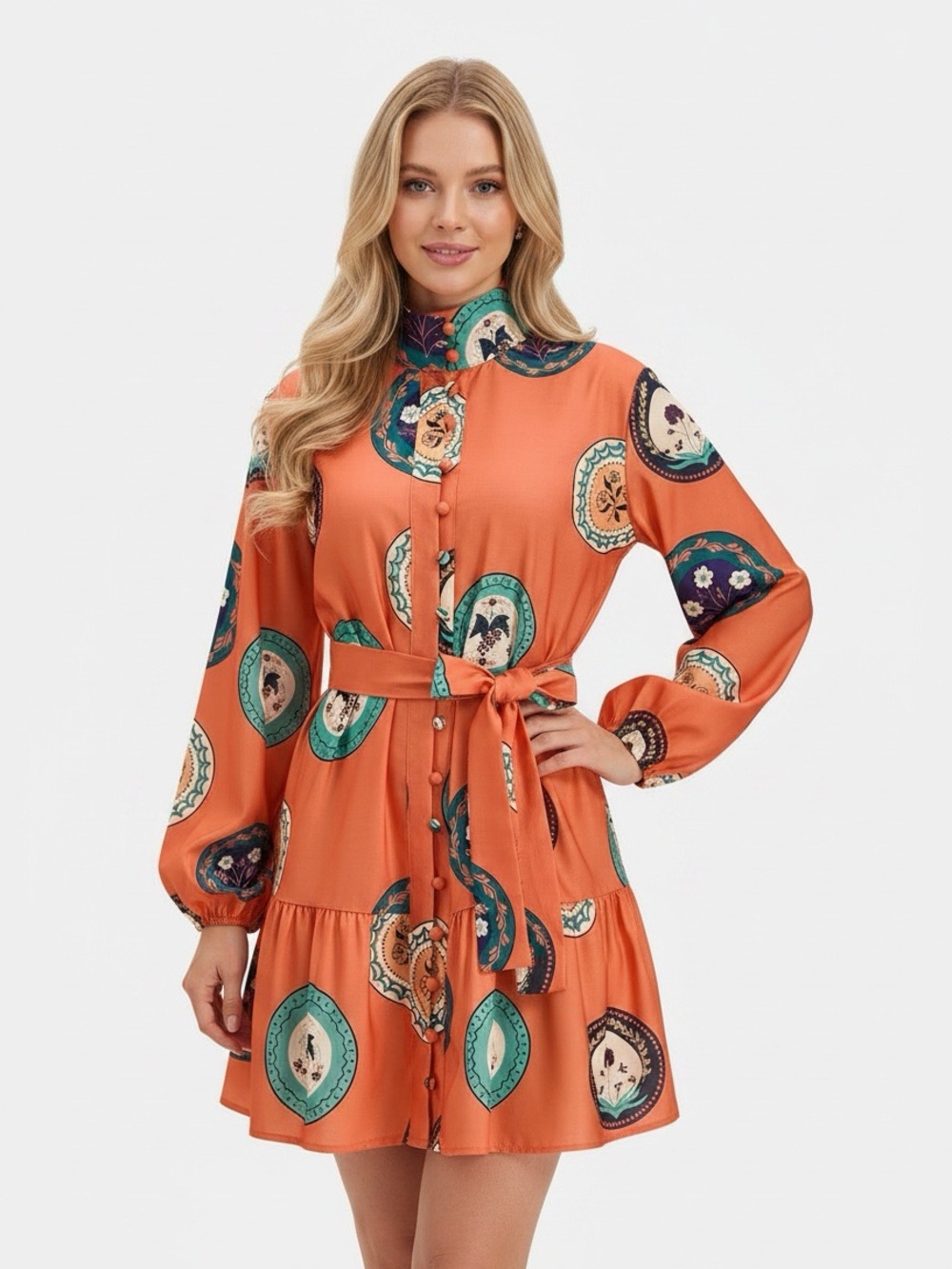 Commense Printed Belted Cotton Linen Long Sleeve Mini Dress - Picture 7 of 16